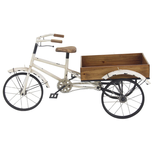 Deco 79 Metal Bike Indoor Outdoor Plantstand Indoor Outdoor Vintage Plant Shelf with Brown Wood Accents, Plant Stand 48" x 24" x 24", White