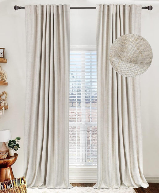 Skiennix 100% Blackout Linen Curtains - Thermal Insulated Drapes, 50" W x 120" L, Cream - 2 Panels Set