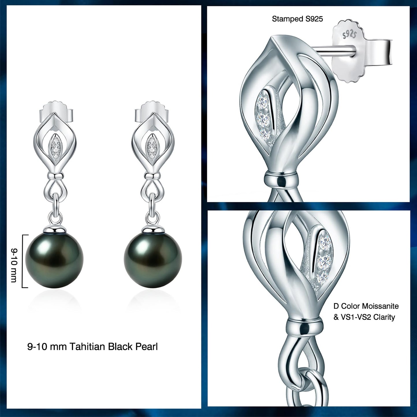 Genunie Tahitian Black Pearl Stud Drop Dangle Earrings - Christmas Gifts for Wife Women Anniversary Wedding, Mom Birthday Gift, AAAA 9-10mm Ocean-Grown Pearls Sterling Silver Unique Moissanite Jewelry