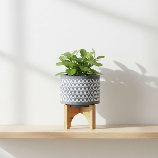 Aztec Decorative Planter Pot on Wooden Stand – Ceramic Stoneware Outdoor & Indoor Plant Pot with Gray Geometric Pattern – Modern Garden & Home Decor Ceramic Planters – 6", Gray