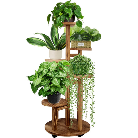 GEEBOBO 5 Tiered Tall Plant Stand for Indoor, Wood Plant Shelf Corner Display Rack, Multi-tier Planter Pot Holder Flower Stand for Living Room Balcony Garden Patio (Brown)