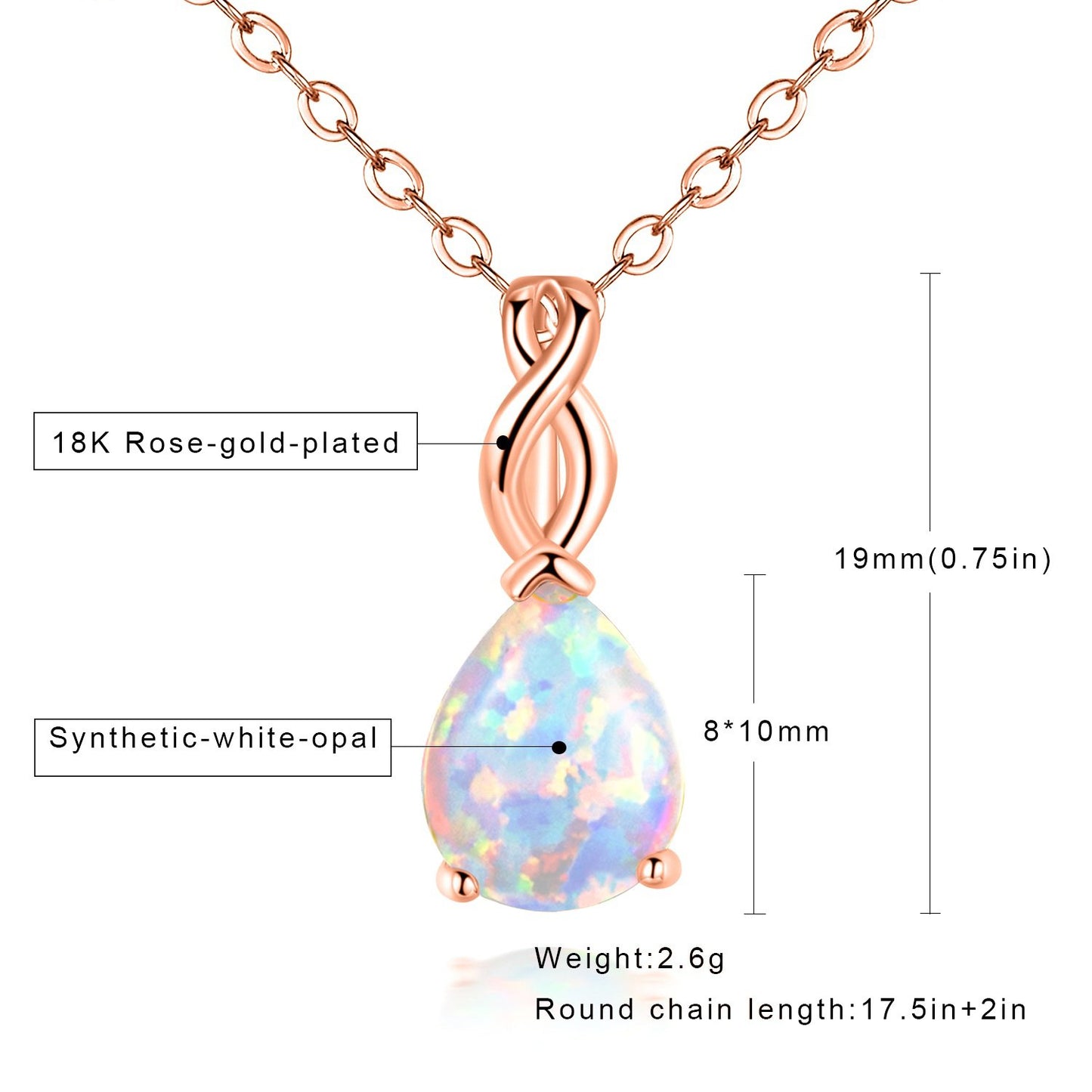 VOLUKA Teardrop White Fire Opal Necklace for Women 18K Rose Gold Plated October's Birthstone Gemstone Pendant Vintage Elegant Friendship Link Chains Choker Mother