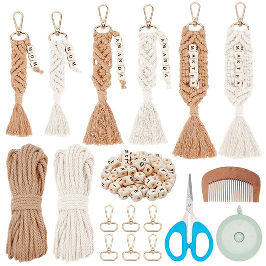 BEUNITONE 6 Sets DIY Macrame Keychain Kit for Beginner Boho Macrame Starter Keychain Kit with Instruction Video DIY Personalized Macrame Alphabet Wood Bead Keychain kit Charms for Bag Car Key Decor