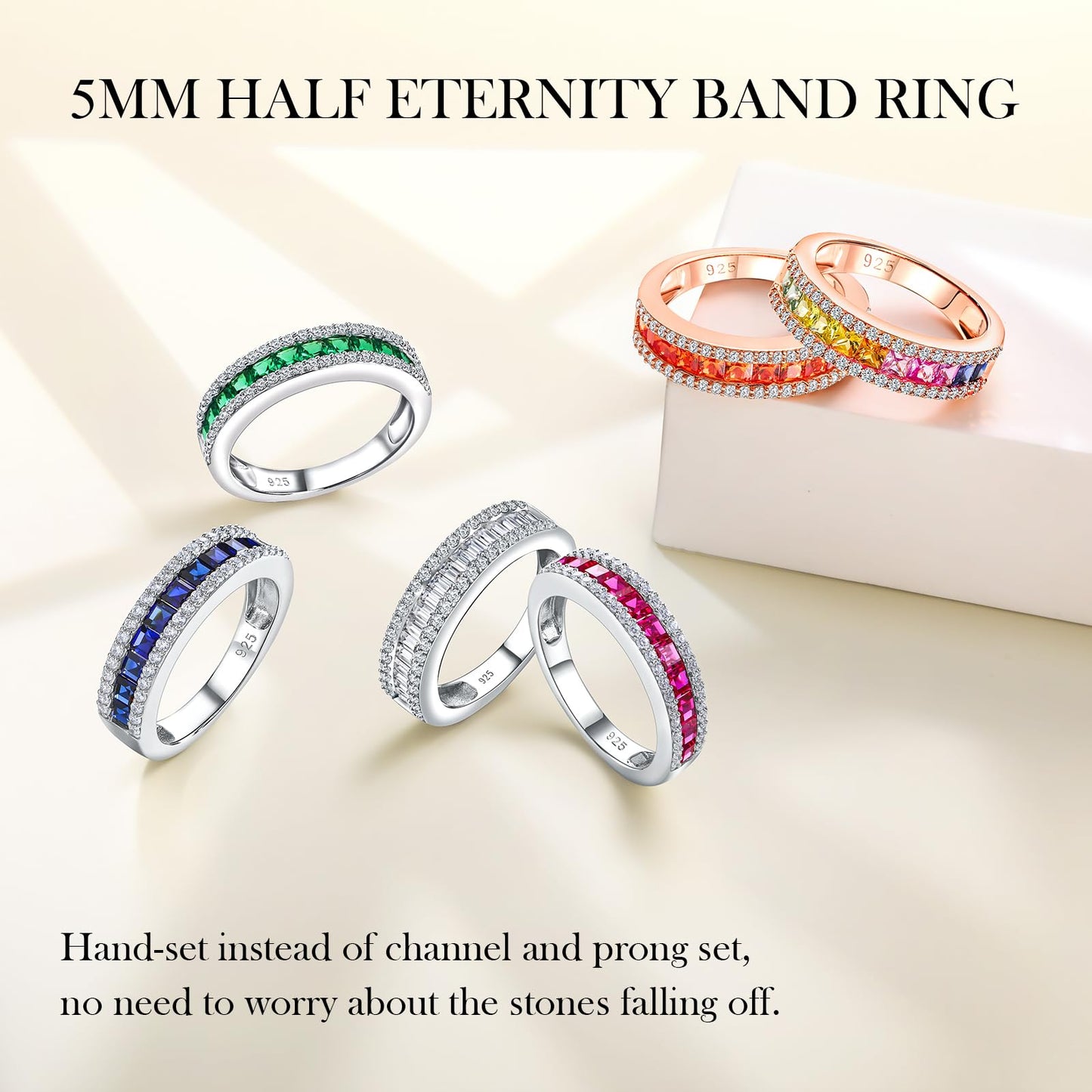 RANDES Channel Diamond Wedding Band Sterling Silver 6mm Thick Cz Emerald Cut Half Eternity Band Cubic Zirconia Rings for Womem Size 9