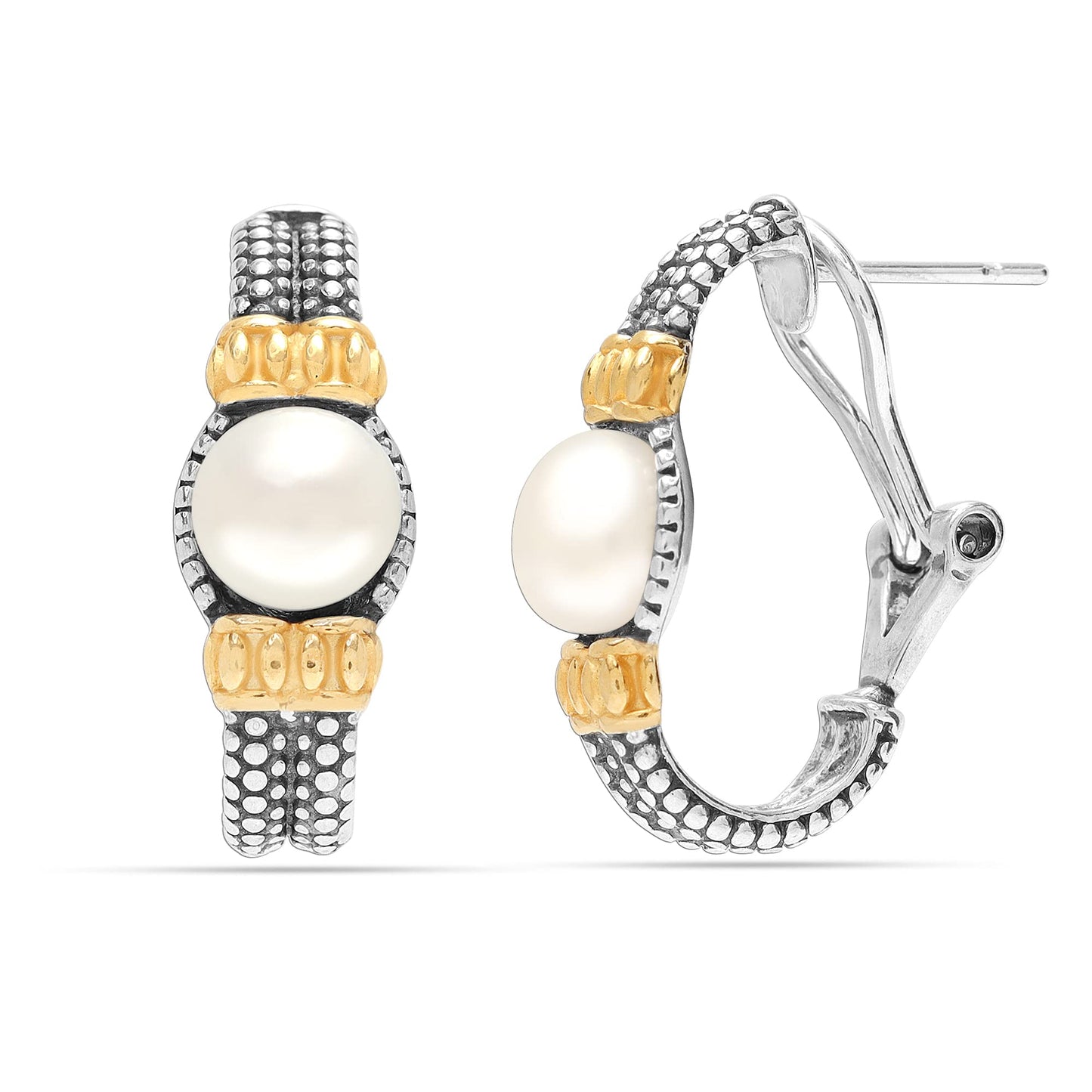 LeCalla 925 Sterling Silver Omega Back Earrings Two-Tone Caviar Beaded Freshwater Pearl Clip-On Omega Back Large Stud Earring for Women - 25MM