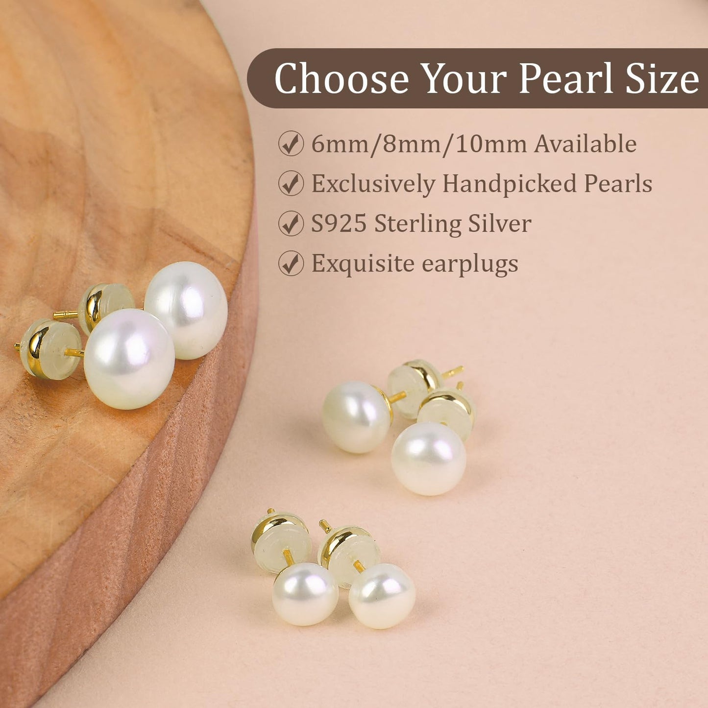 Natural Freshwater Cultured Pearl Stud Earrings, AAAA+Handpicked, Sterling Silver 18K Gold Plated Hypoallergenic Earring Studs Jewelry For Women (10mm)