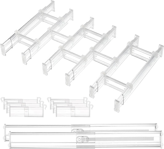 Vtopmart Drawer Dividers - Expandable Kitchen Organizer with 8 Dividers & 14 Inserts | Adjustable 12.8"-22.3" Clear Plastic Separator for Flatware & Utensils