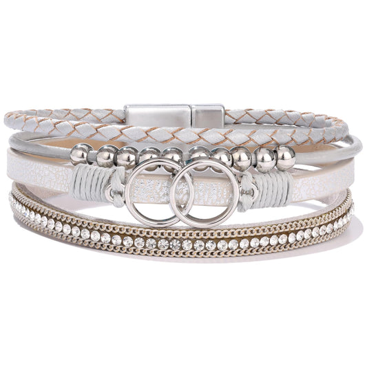 Becklynn Boho Leather Wrap Bracelets Beaded Crystal Stackable Cuff Bracelet with Magnetic Clasp Cowboy Cowgirl County Concert Outfits Western Jewelry Gifts for Women(Infinity Silver)