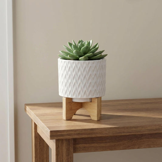 Modern Ceramic Planters with Wood Stand for Home Decor Elegant Flower Pots for Entryway, Garden, and Patio - Decorative Raised Container for Indoor and Outdoor Plants - 8", White & Tan