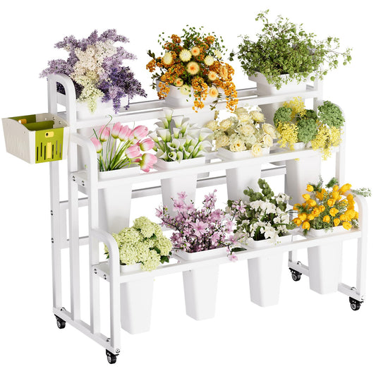 GVRVHJS Flower Display Stand with 11 Buckets, Moving Florist Bouquet Shelf, Upgrade 360° Swivel Wheels and Brake, Flower Cart 3 Layers for Indoor, Outdoor Patio Garden, Living Room, Florist (White)