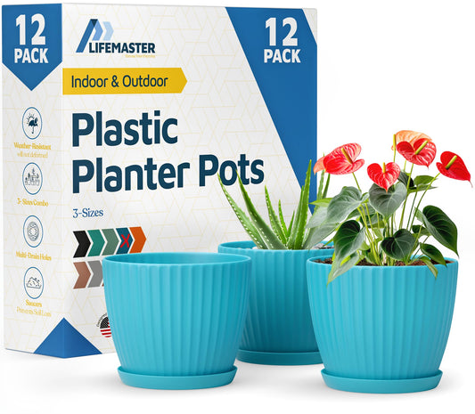 Blue 6-Inch Plant Pots with Drainage & Saucers 12 Pack, Indoor & Outdoor Planters for Houseplants, Herbs, and Flowers, Durable & Weatherproof Material, Stackable, Lightweight, Minimalist Design