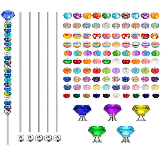 118Pcs DIY Fairy Wand Garden Stakes Kit, BetterJonny Garden Stake Decorative with 6 Colorful Crystal Stopper Top 6 Threaded Rod with 100 Large Hole Bead for Garden Outdoor Decorative