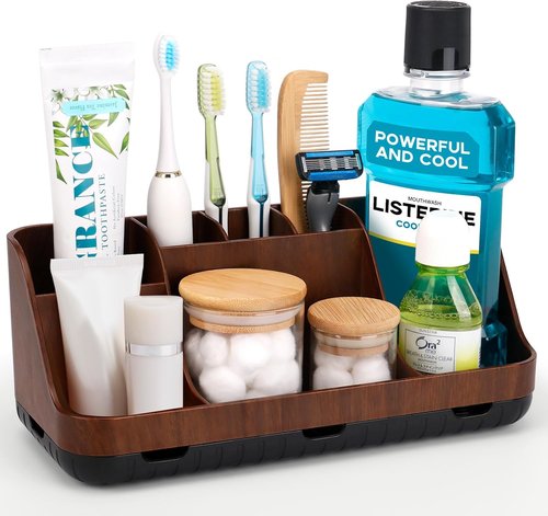GFWARE Wooden Toothbrush Holder - 7 Slot Bathroom Organizer for Kids | Brown Countertop Caddy