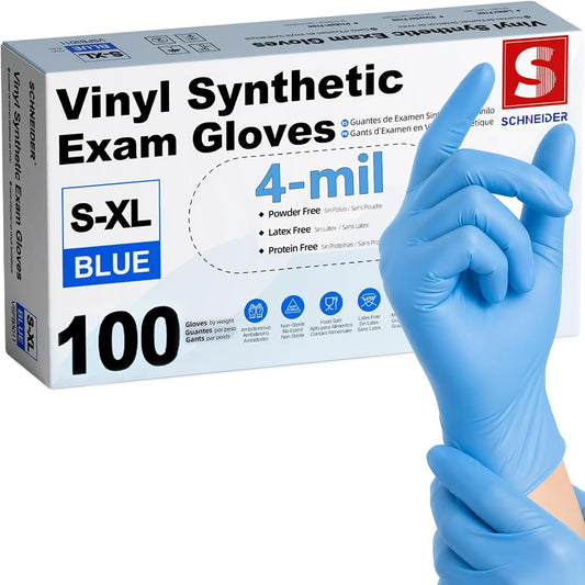 Schneider Vinyl Synthetic Exam Gloves - Latex Free 4 Mil Disposable Gloves for Medical & Food Prep