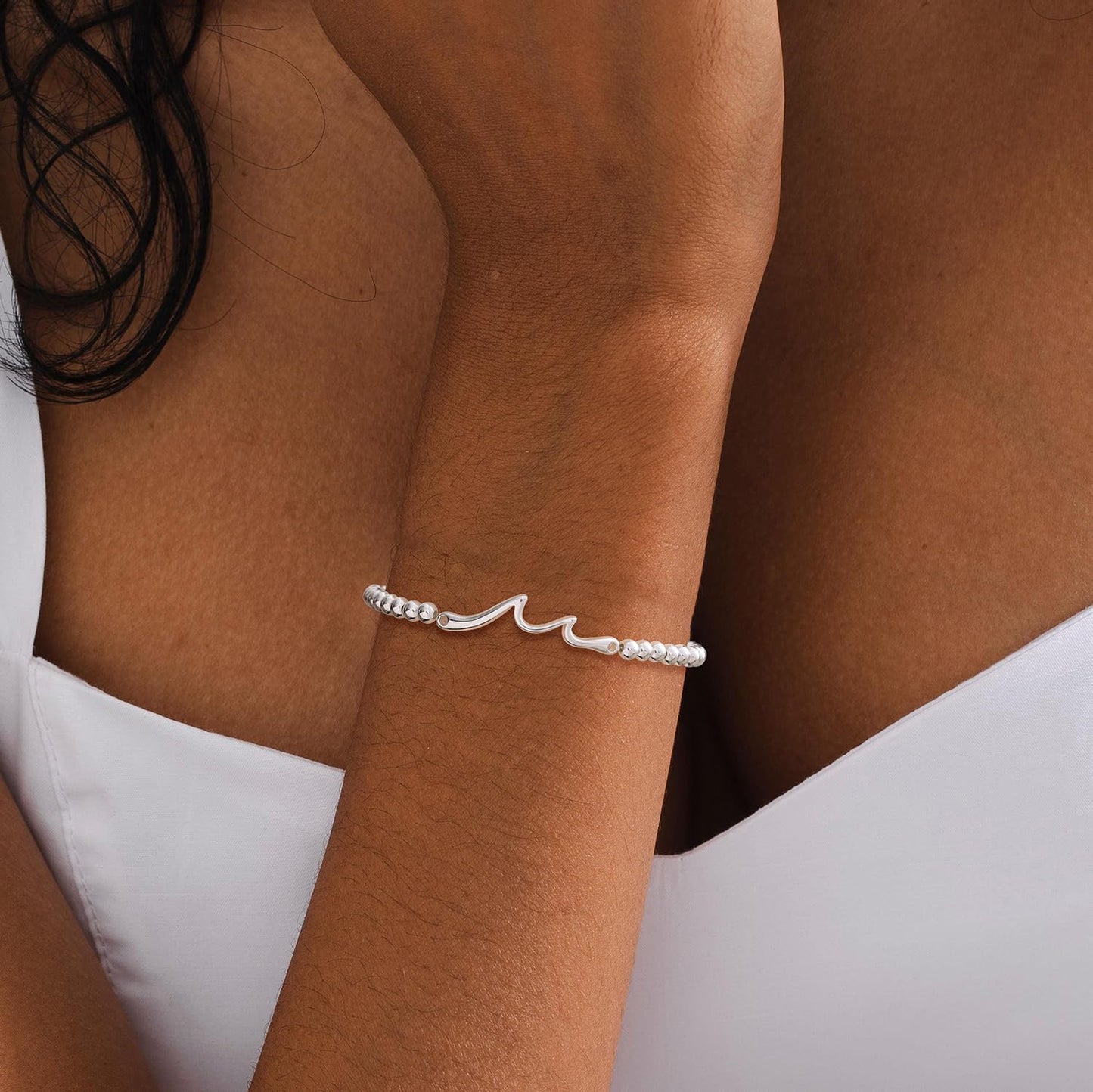 Beaded Bracelets for Women 14K Silver Gold Plated Stretch Handmade Ball Bracelets Cute Charm Bracelet Dainty Stackable Cross Heart Bow Wave CZ Circle Trendy Jewelry Easter Gifts (wave-silver)