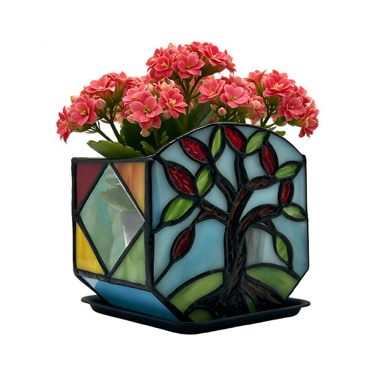 Entlityful Handmade Stained Glass Tree of Life Planter, Decorative Succulent Pot for Indoor Plants, Boho Home Decor for Windowsill and Living Room