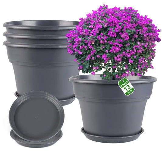 Myfeegoin 13-inch-Plant-Pots, 4 Pack Large Planters for Outdoor Plants, Plastic Flower Pots Indoor with Drainage Holes & Trays, Classic Garden Pot Container for House