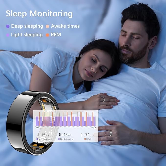 Ring Health Tracker for Women Men, Fit Ring with Heart Rate, Blood Oxygen, Sleep Monitor, Calories, Step Counter, IP68 Waterproof Smart Ring for iPhone & Android, No Subscription Fee (Black, 8#)