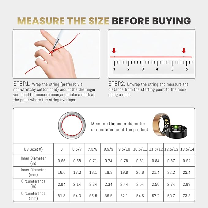 Smart Ring For Women Men, Health Tracker with Heart Rate/Blood Oxygen/Blood Pressure/Sleep Monitoring/Step Counting, IP68 Waterproof Fitness ring, No App Fees for iPhone & Android (Black, 12#)