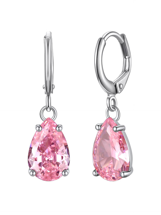 Bestyle Silver Pink Tourmaline Drop Earrings | Hypoallergenic Silver Huggie Hoop Leverback Earrings | Small Sparkle Teardrop October Birthstone Dangle Earrings For Women