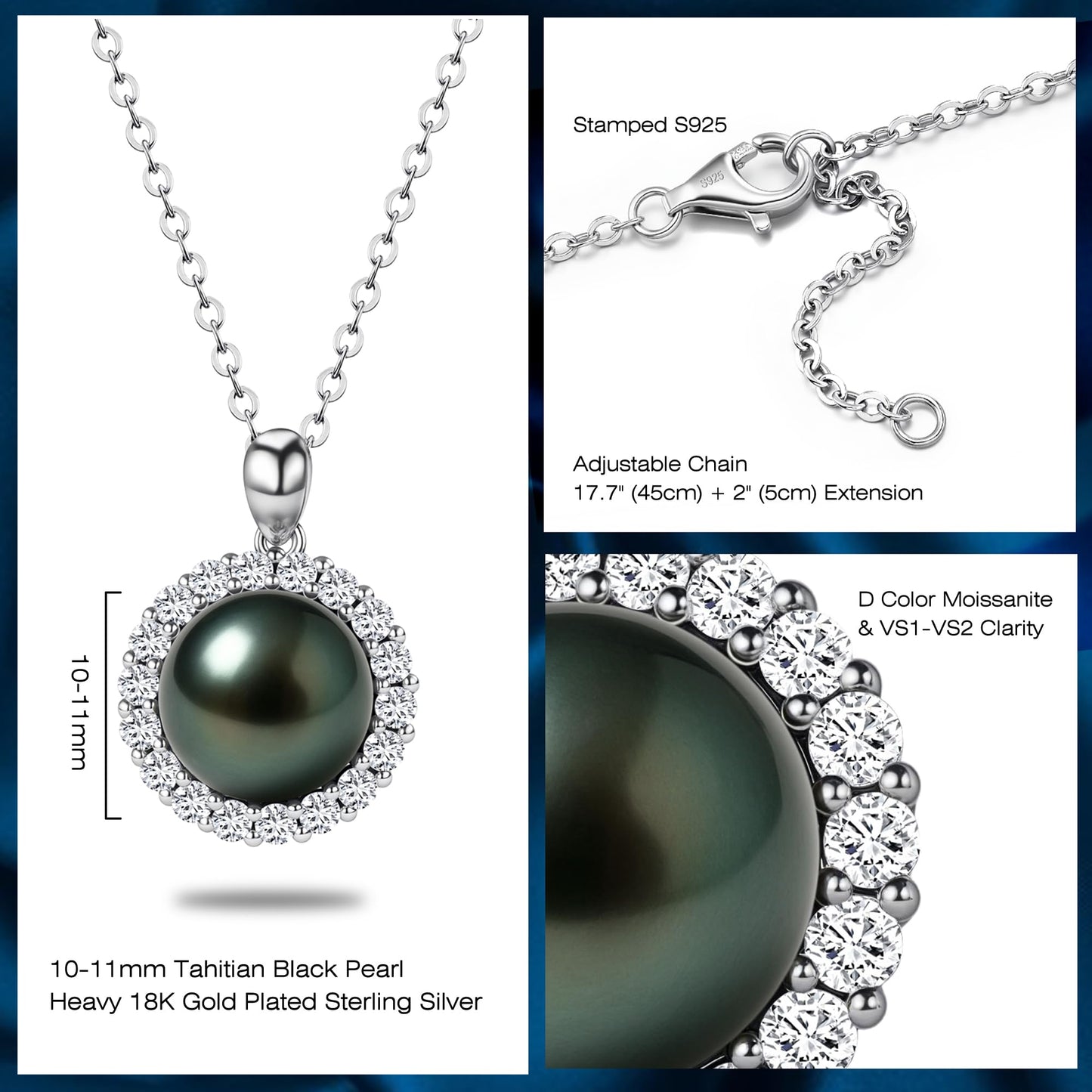 Genuine Tahitian Black Pearl Necklace - Christmas Gift for Wife Mom Daughter, Jewelry Gifts for Anniversary Wedding Birthday, 10-11mm Seawater Pearl with Sterling Silver Elegant Moissanite Pendant