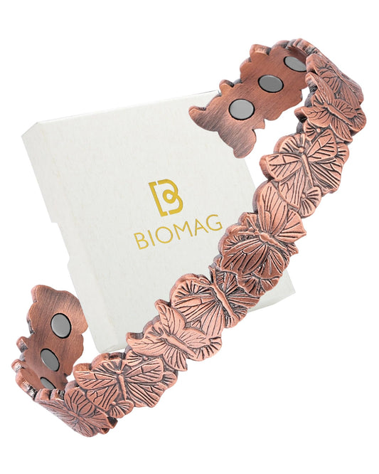 BioMag Magnetic Copper Bracelet for Women Men, 99.99% Pure Copper Cuff Bangle with 6 Pcs 3500 Gauss Magnets, Adjustable Jewerly Gift (Copper-Butterfly)
