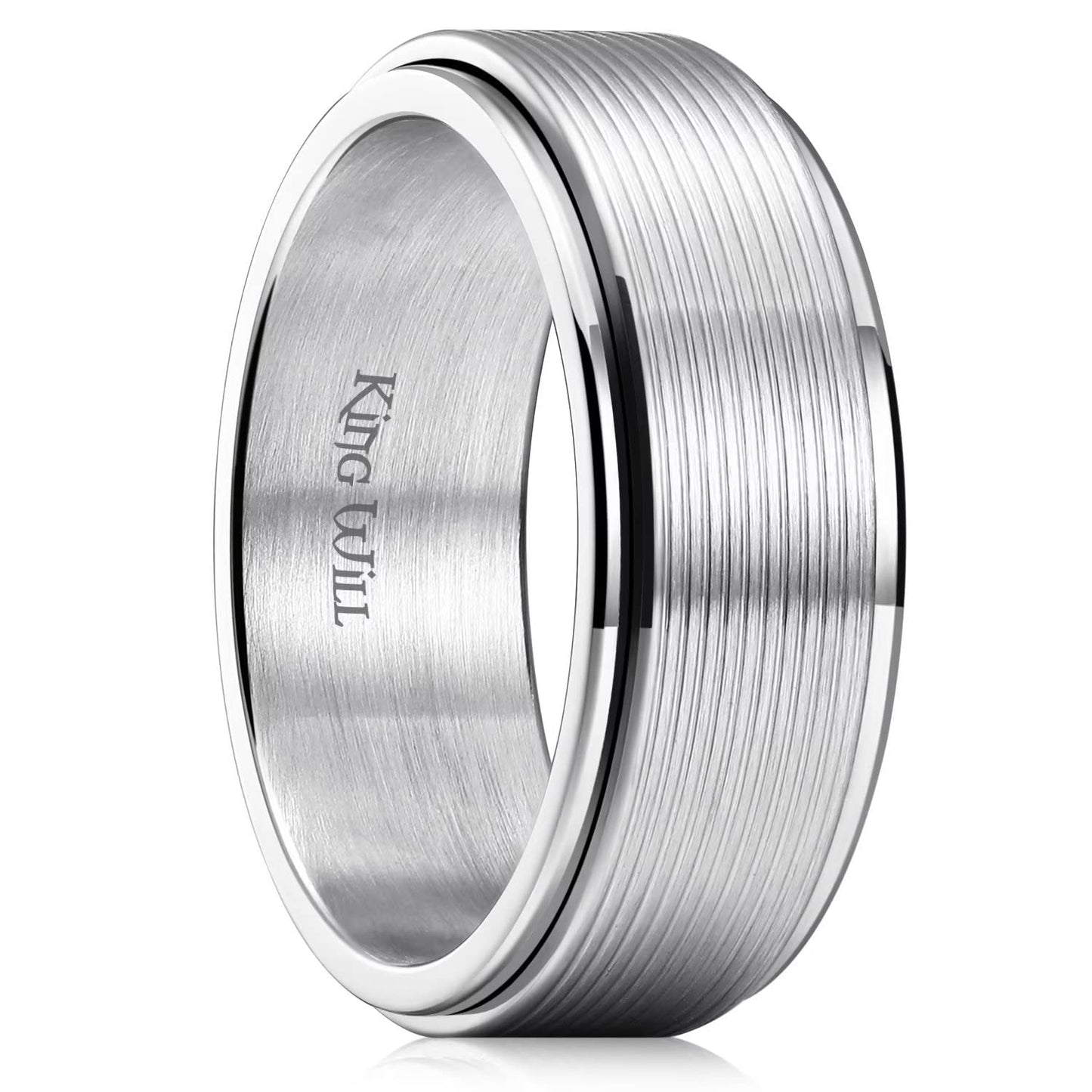 King Will Mens Silver 8mm Groove Spinner Rings Stainless Steel Anxiety Fidget Ring for Women Men Polish Thin Line Groove Wedding Band Fidget Ring Matte Brushed Comfort Fit 14