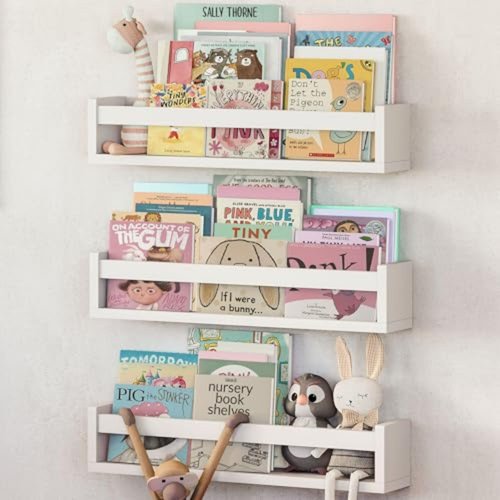 NATURE SUPPLIES Set of 3, 16.4" White Floating Nursery Shelves for Wall, Kids Bookshelf for Bedroom, Nursery Storage, Decorative Display for Kids Rooms, Modern Wall-Mounted Organizer for Home