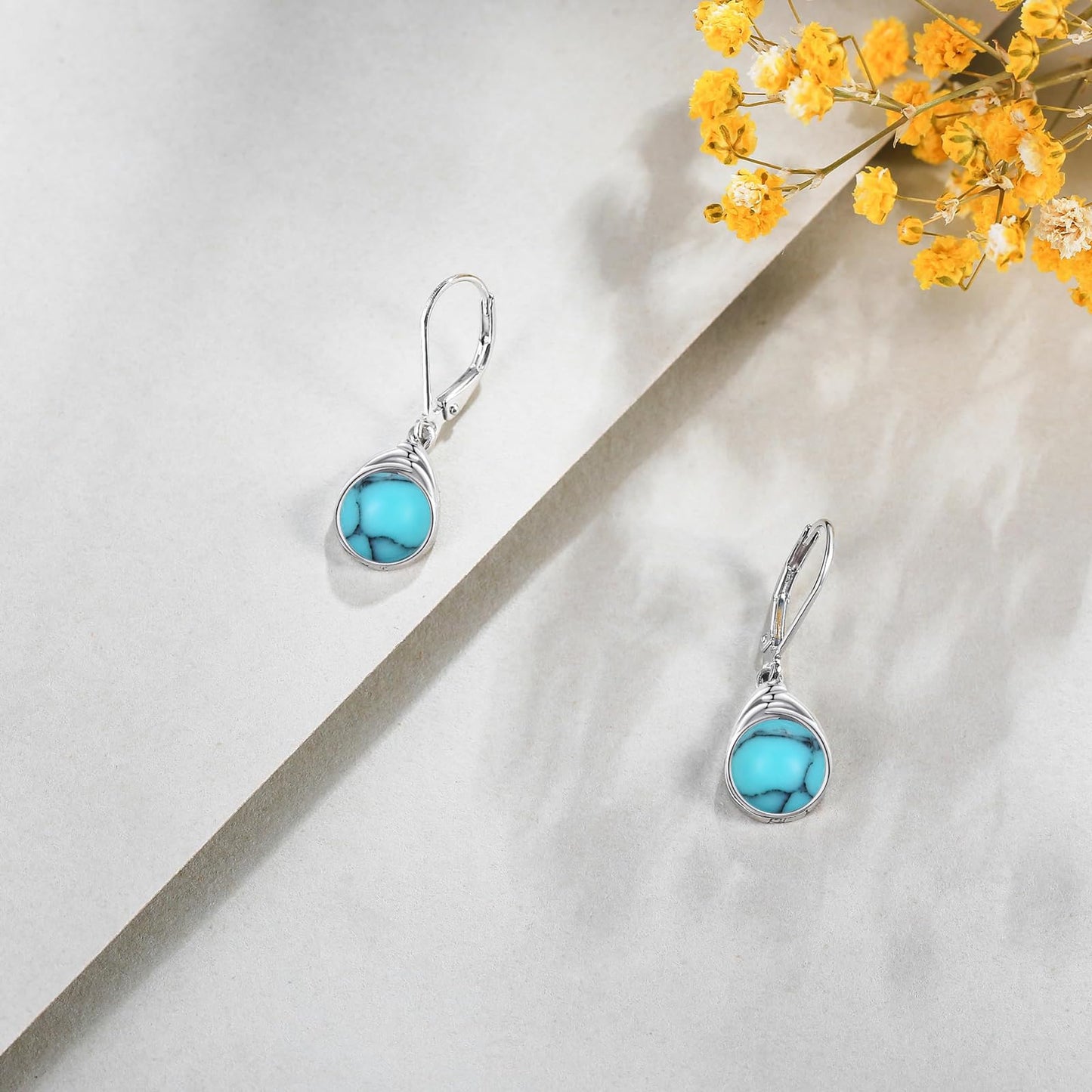 POPLYKE Turquoise Sterling Silver Round Turquoise Leverback Dangle Earrings