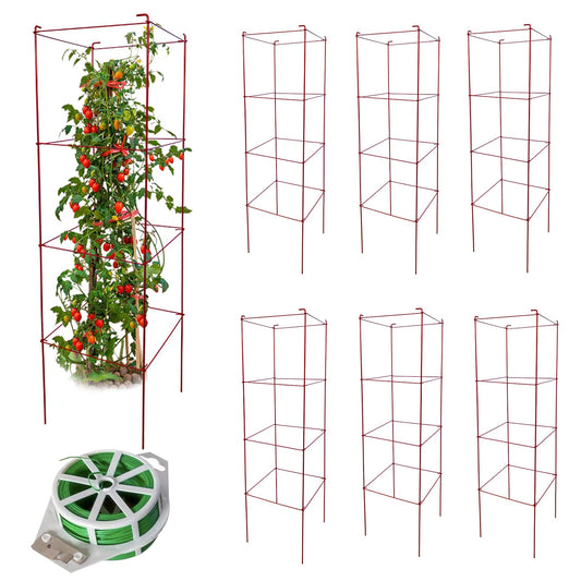 Thealyn Tomato Cages 6 Packs 46 Inch (H) Plant Stand with 164 Feet Twist Ties, Heavy Duty Garden Plants Support for Tomatoes, Cucumber, and Other Climbing Plants (Red)