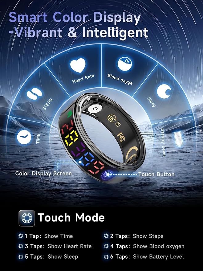 Smart Ring for Women Men, Health Ring with Colorful Display, Fitness Tracker with Heart Rate, Blood Oxygen, Sleep Monitor, No Subscription Fee, 5ATM Waterproof for iPhone & Android (Rose Gold, 9)