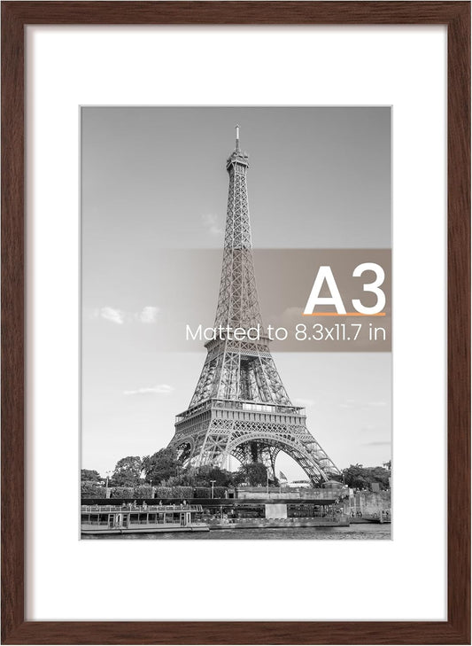 Upsimples A3 Picture Frame - Display 8.3x11.7 Photos with Mat or 11.7x16.5 Without | Brown, 1 Pack