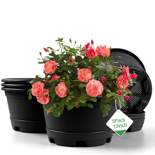 KPUVX Outdoor Flower Pots 5 Packs 13 inch pots for Plants Modern Decorative Garden Pot with Saucer, Lightweight Large Resin Planters for Indoor Plants,Decorative Resin Plant pots