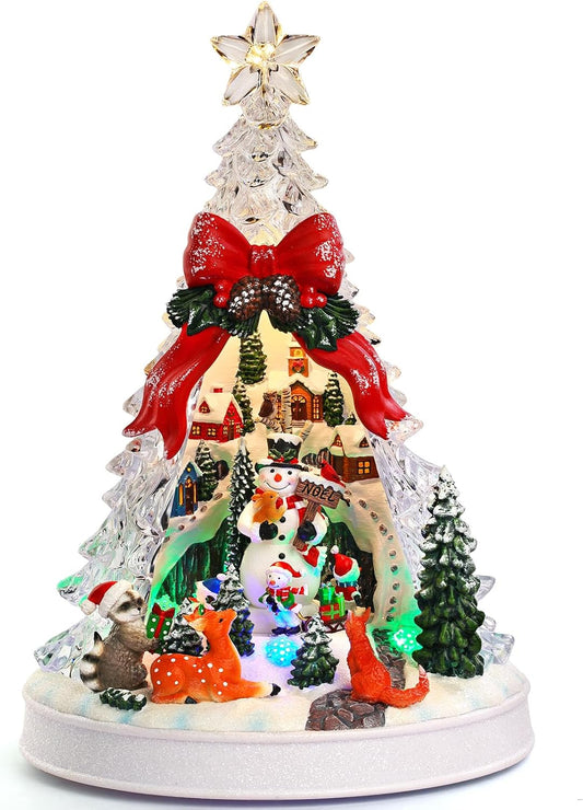 Priddop Christmas Village Scene - Animated Tree with Rotating Snowman & LED Lights | Musical Home Decor