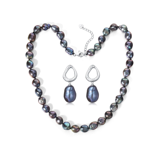 BAMIKI Black Pearl Necklace and Earrings Baroque, Tahitian Pearl 8-9.5mm, 925 Sterling Silver Clasp, Jewelry for Women, Gifts for Mother wife Anniversary Birthday, 18+2IN Adjustable Chain