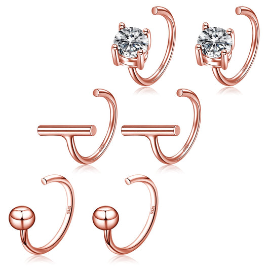 18K Rose Gold Plated 925 Sterling Silver Half Hoop Earrings Set Small 3 Pairs Sleep Huggie Hug Hoops Open Hugger Hoop Earrings Tiny Cartilage Earring for Women