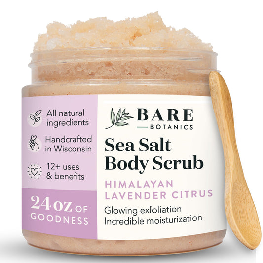 Bare Botanics Body Scrub 24 oz - Naturally Scented Salt Scrub Made in Madison WI - Formulated w/Skin Loving Moisturizers - Cruelty Free Exfoliator w/a Cute Wooden Spoon - Himalayan Lavender Citrus