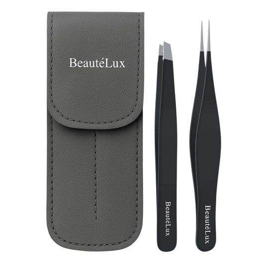 BeautéLux Precision Tweezer Set – Slant & Pointed Tip Stainless Steel Eyebrow Tweezers with Leather Pouch, Professional Hair Removal for Ingrown Hair, Chin, Splinter & Blackhead