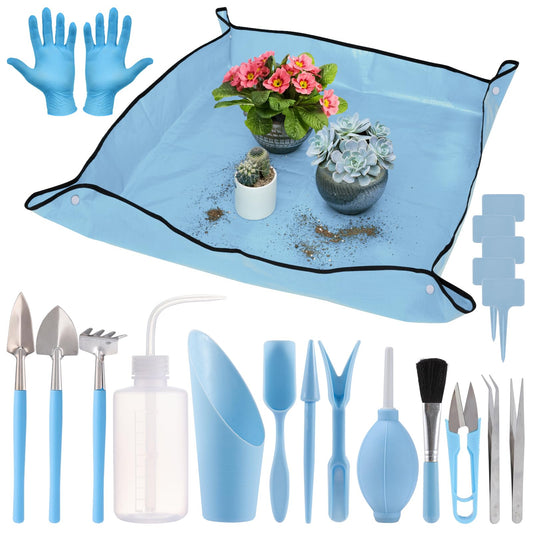 20pcs Small Gardening Tools Gifts for Women Beginners - Garden Hand Tools Set for Indoor Succulent Bonsai Plants Transplanting, Included 39" Plant Repotting Mat/Miniature Shovel/Labels, Blue