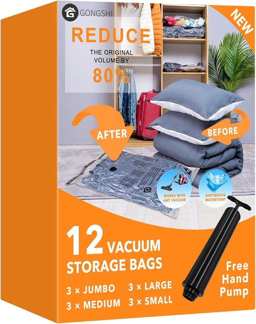 GONGSHI Vacuum Storage Bags - Space-Saving Seal Bags for Clothing & Travel | 12 Combo Set