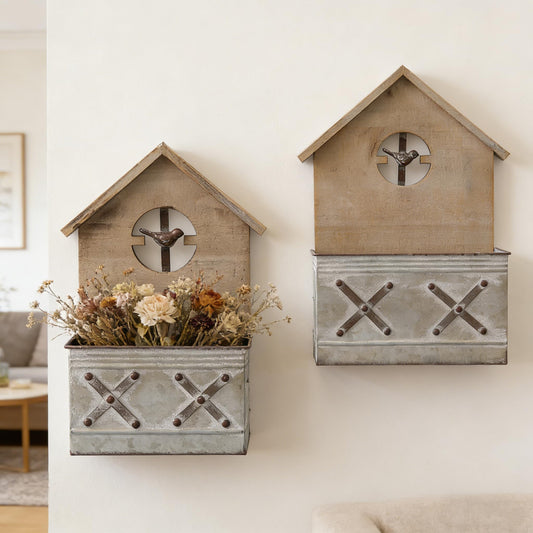 SOFE Set of 2 Wall Mounted Metal Planter Box, Rustic Wall Flower Pot Birdhouse Shaped, Vintage Hanging Plant Holder for Garden Home Balcony Patio Farmhouse, Wood & Galvanized