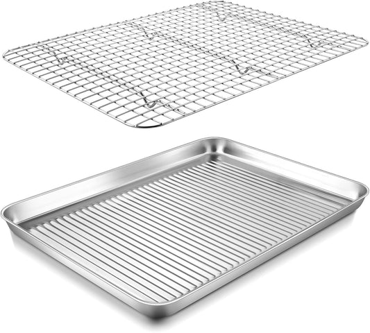 P&P CHEF Stainless Steel Baking Oven Pan - Versatile Cookie & Bacon Tray with Wire Rack | 17.5 x 13 x 1 Inch