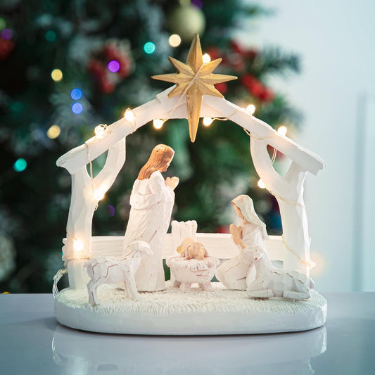 Regine Switzerland Nativity Scene - Hand-Painted Holy Family Figurine with Lights | Christmas Tabletop Decor