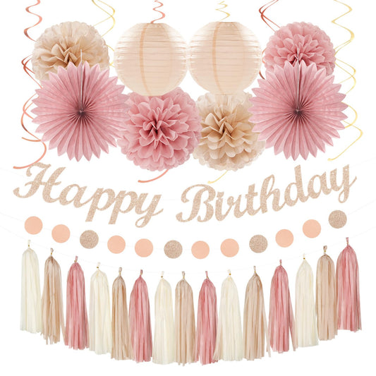 Blush-Pink Champagne Beige Happy-Birthday Party-Decorations - 31pcs 15th Women Girls Paper Lanterns Streamers Banner,Rose Gold Tissue Flowers Pom Poms Fans Tassels Graland Decor Supplies Hugmoon