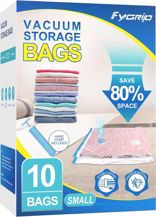 Fygrip Vacuum Storage Bags - Space-Saving Seal Bags with Hand Pump for Clothing & Travel | 10 Small Bags