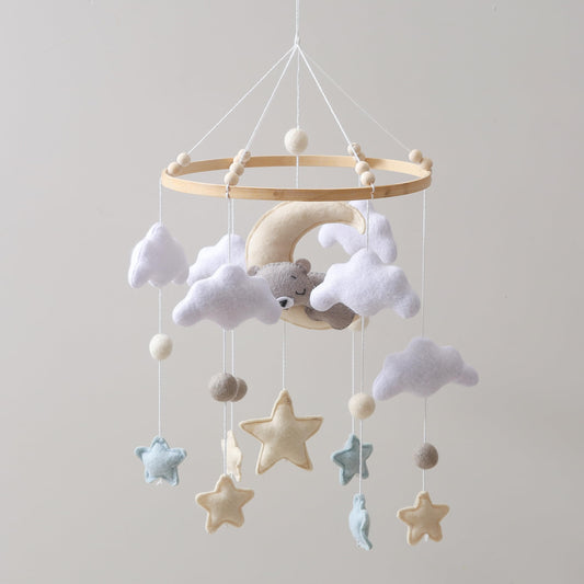 Baby Crib Mobile – Handmade Moon Bear Nursery Mobile, Mobile for Crib Neutral Felt Clouds Stars Hanging Toy, Beech Wood Ring Bassinet Mobile Baby Mobile Decor Gift