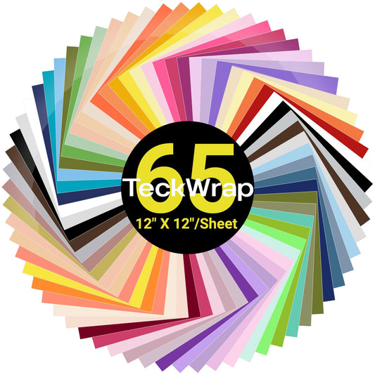 TECKWRAP Permanent Adhesive Vinyl Bundle - 65 Pack 12" x 12" Outdoor Vinyl Sheets (Glossy,Matte, Ultra Matte) Assorted Colors for Most Cutting Machines, Party Decoration, DIY Stickers, Home Decals