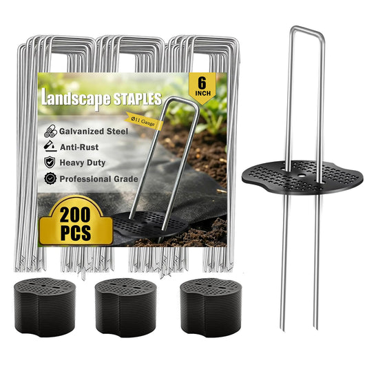 200 Pack Landscape Staples Garden Stakes 6 Inch 11 Gauge Galvanized Landscape Fabric Pins Anti-Rust Landscape Spike Heavy Duty Ground Staples for Weed Barrier, Irrigation Tubing & Lawn Decor