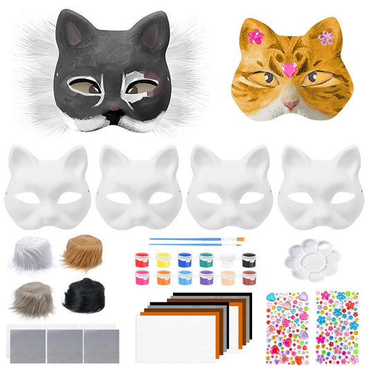 Bayurht Therian Masks Kit—DIY Cat Fox Furry Mask Craft Set, Paintable Animal Costume Furry Mask with Felt Fur, Eye Meshes & Gem Stickers for Halloween, Cosplay, Party