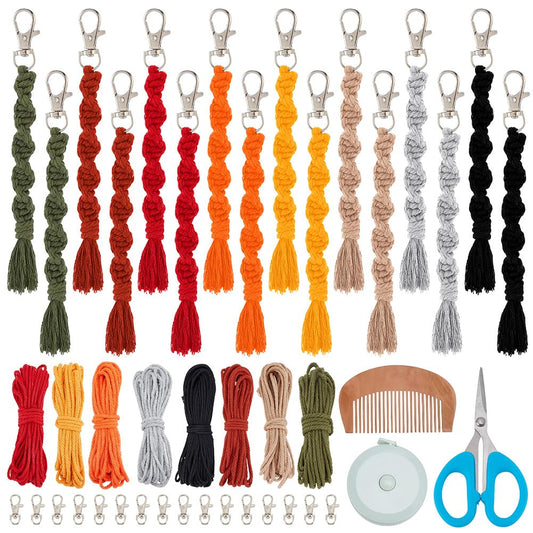 BEUNITONE 16 Sets Boho Spiral Keychain Making Kit Macrame Cord Keychains Craft Kits for Adults with Tassel, DIY Macrame Keychain Charms with Instructions Supplies for Handbags, Backpacks